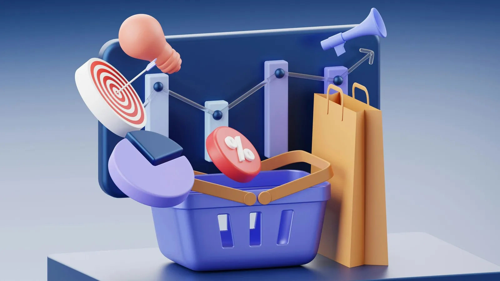 3D marketing chart with shopping basket and bag, best low-ticket affiliate programs