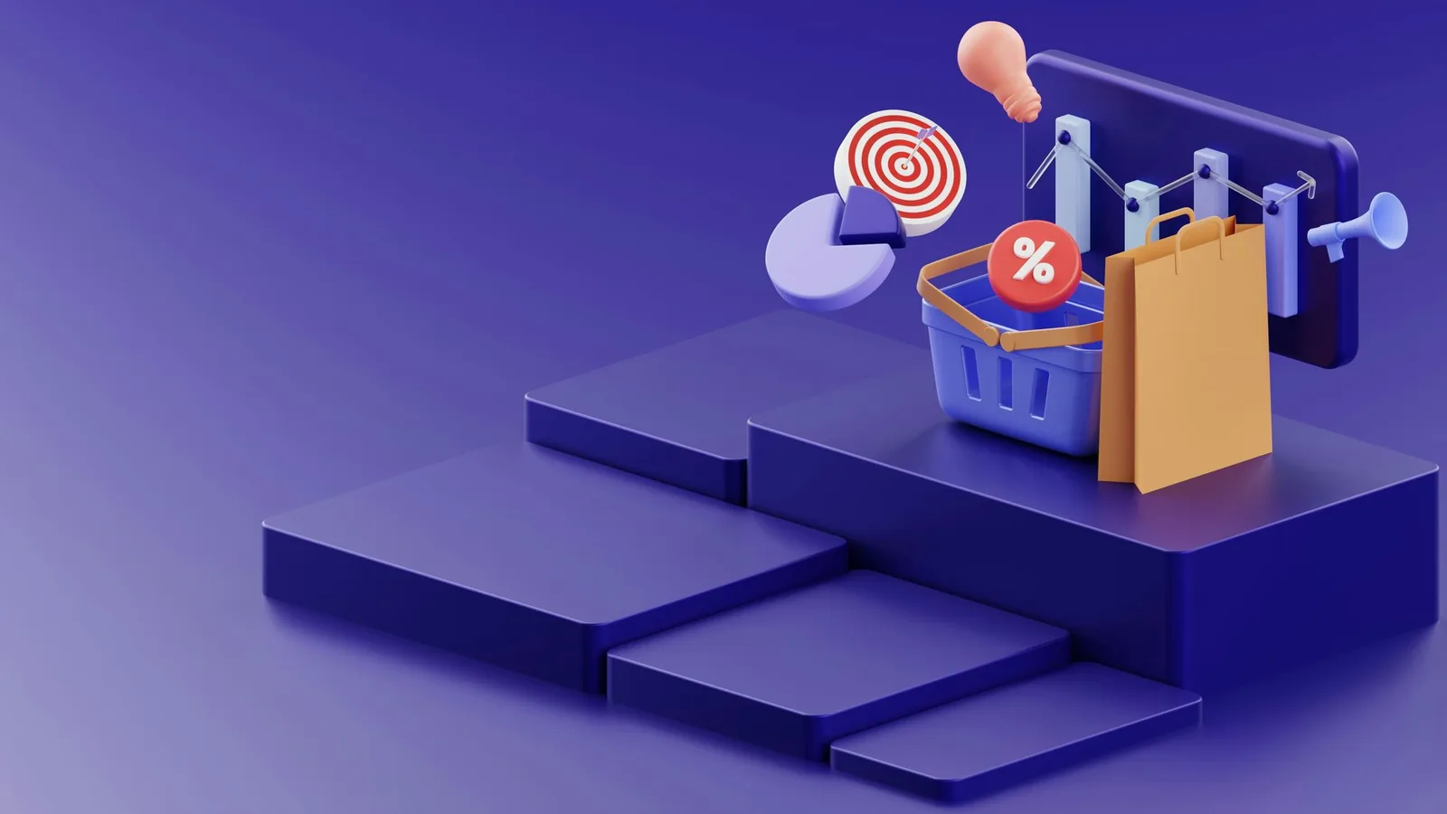 3D marketing icons with a shopping basket on a purple podium, low-ticket affiliate marketing