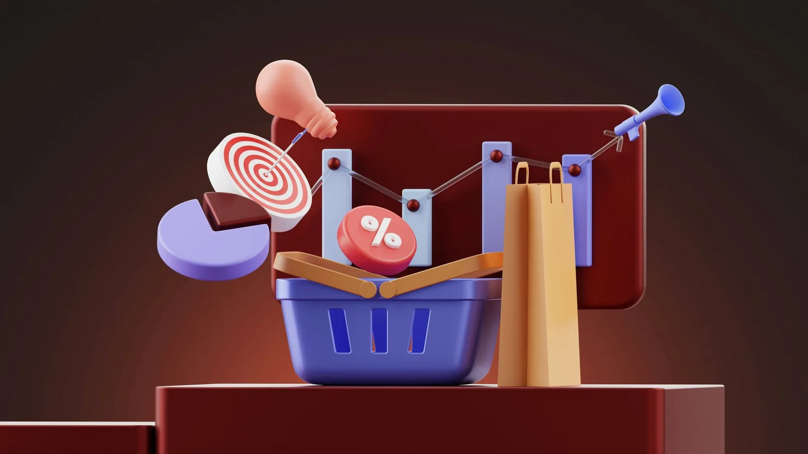 Shopping basket, discount badge and marketing icons, promoting low-ticket items