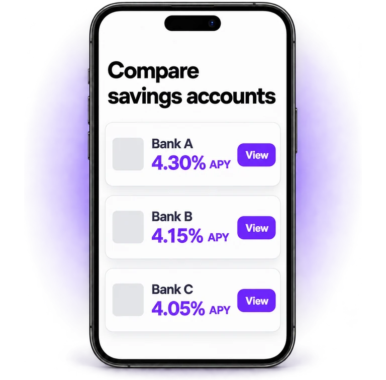 Savings account comparison on a phone with three example banks and APYs