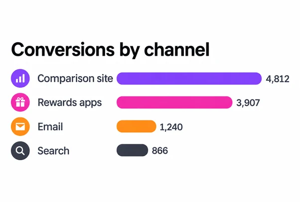 Conversions by channel: comparison site, rewards apps, email and search
