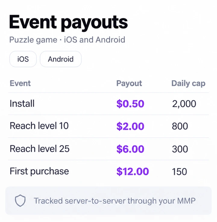 App install campaign payout plan: install, level 10, level 25 and first purchase with daily caps