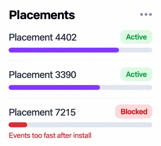Placement-level fraud control: two active placements and one blocked