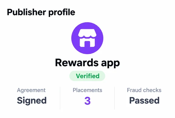 Verified rewards app publisher: agreement signed, three placements, fraud checks passed