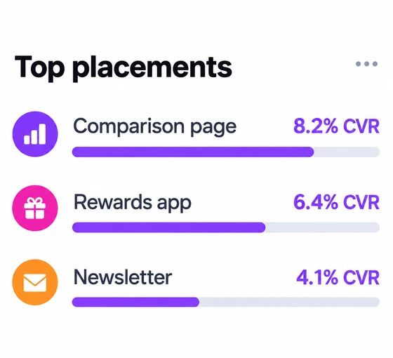Top converting placements: comparison page, rewards app and newsletter